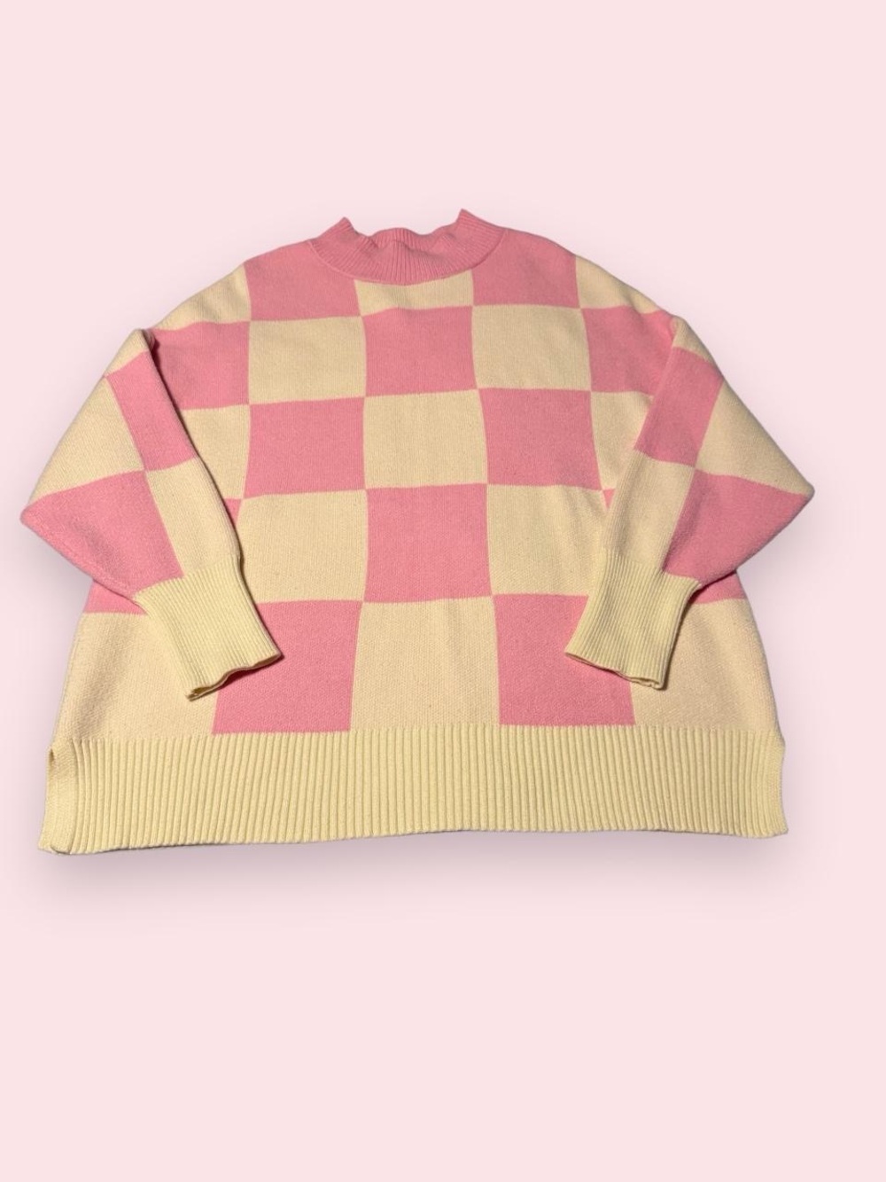 Checkerboard Crewneck Sweater in Pink & Cream
